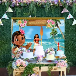 Cartoon Disney Beach Coast Ocean Princess Moana Tropical Flowers Backdrop Little Girl Happy Birthday Party Backgrounds Banner