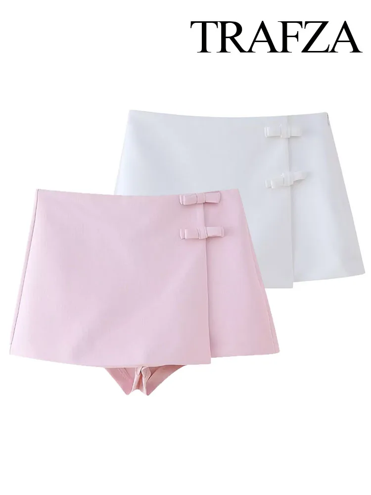 

TRAFZA Women Summer Fashion Short Skirt Solid High Waist Bow Decorate Zipper Mini Skirts Female High Street Skirts 2 Color