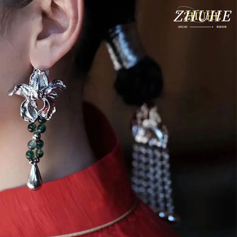 

Elegant Floral Copper Dangle Earrings, Green Jade Bead Tassel Jewelry Accessories for Women & Men, Vintage Teardrop Pendant Earr