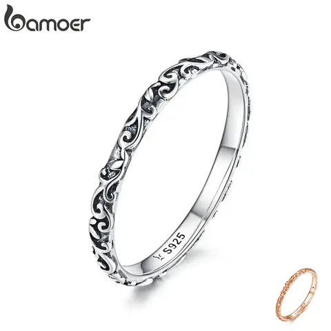 Sterling Silver Vintage Pattern Band Ring 2mm for Women bamoer