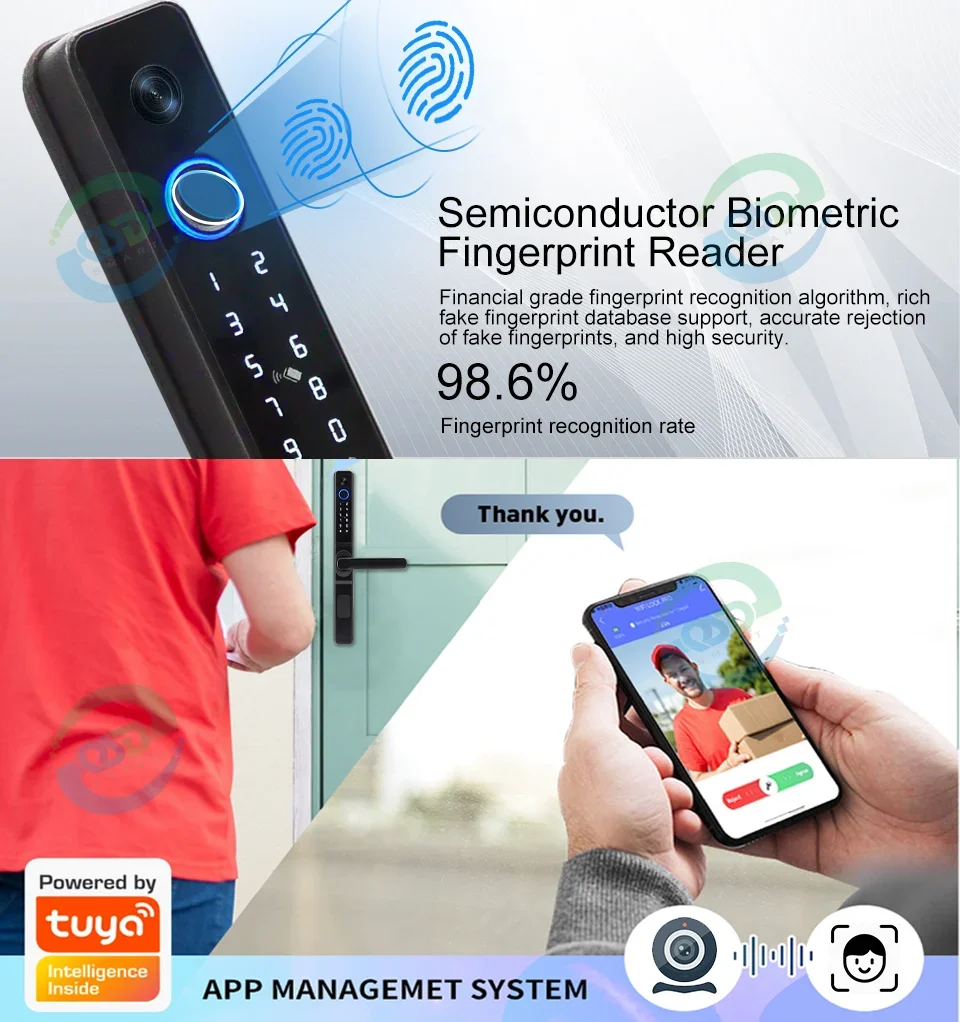 Intelligenter digitaler Viewer Tuya APP WiFi Türschloss Aluminium Schiebesicherheit Fingerabdruckgriff Smart Lock mit Kamera