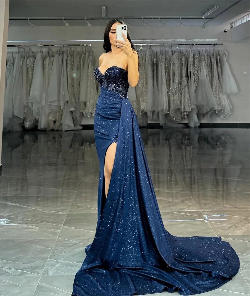 Cathy Customized Blue Sweetheart Neck Glitter Prom Dress Mermaid Sleeveless vestidos de noiva Draped Floor-Length Formal Evening image 4
