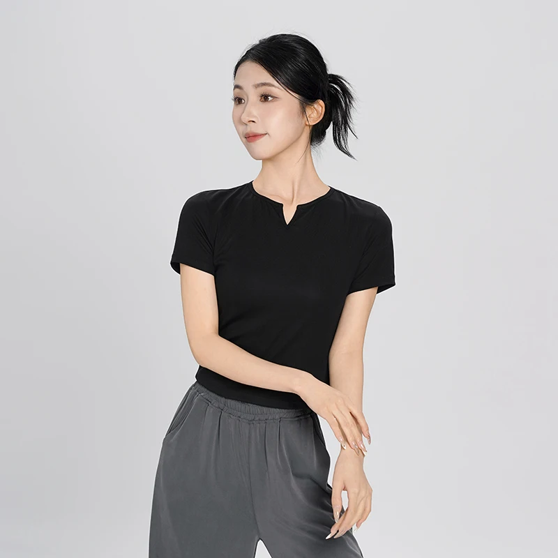 Damskie bluzki do tańca z krótkim rękawem, dekolt w serek, koszulki do jogi i tańca, elastyczne topy gimnastyczne, bluzki baletowe dla dziewcząt, topy do nowoczesnych dresów dla dorosłych.