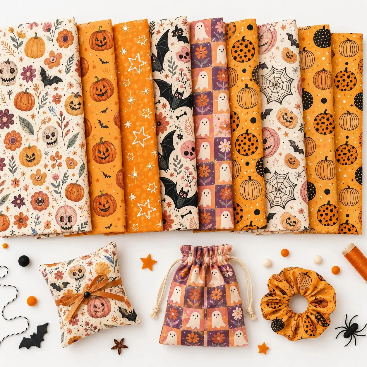 50*145cm Halloween Bat Pumpkin Patchwork Polyester Fabric for Tissue Sewing Quilting Fabrics Needlework Material DIY Handmade