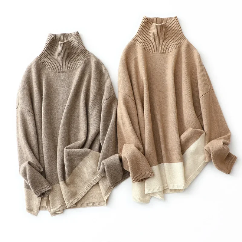 aliaga new arrival warm women sweater side slit oversized turtleneck pullover high quality soft 100% cashmere turtleneck female