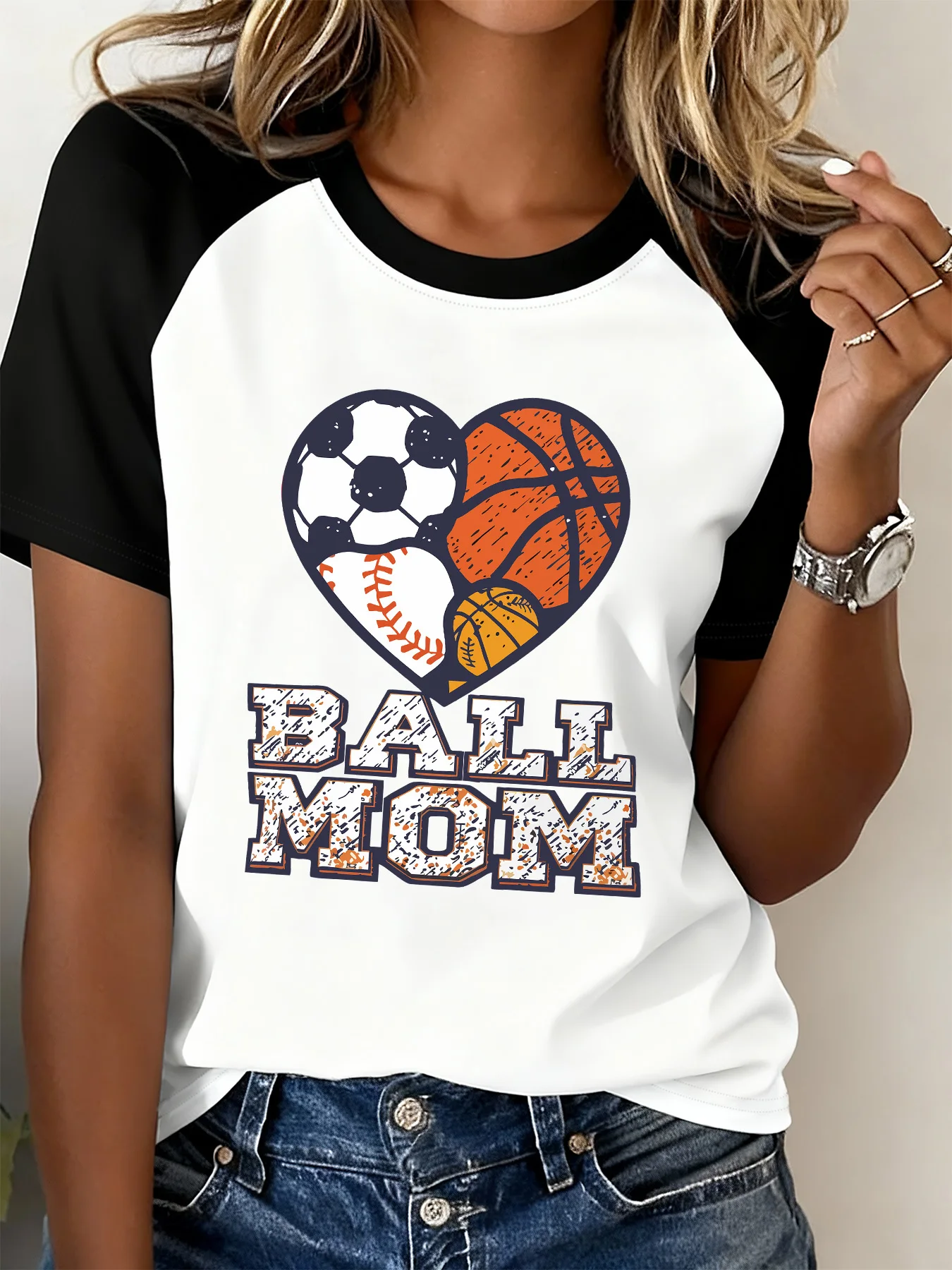 T-Shirt with Black and White Color Combination, Sports Elements, Baseball, Basketball, Football, Heart Print, Raglan Sleeves, Casual T-Shirt