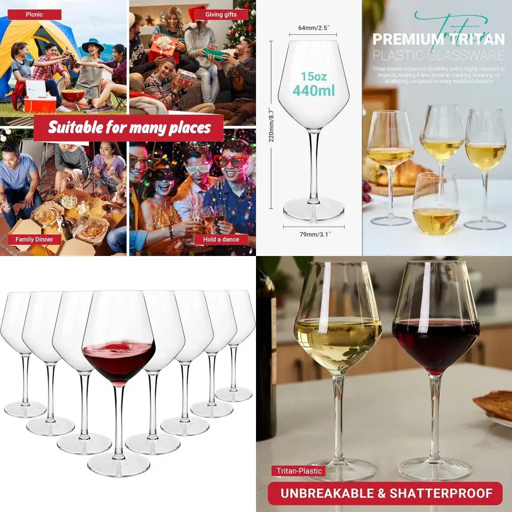 

Durable Stemless 15 oz Tritan Plastic Wine Glasses, Dishwasher Safe, Set of 8