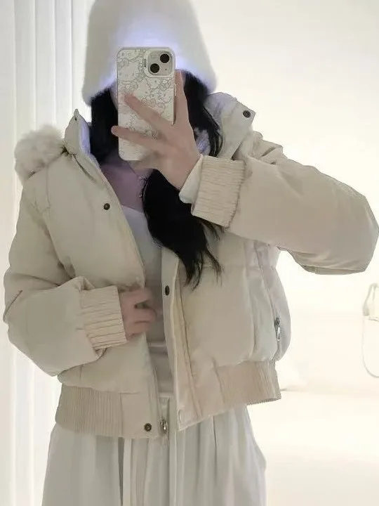 

Korean Sle Hooded Bread Coat Women's Faionable Fur Collar ort Zipper Design Thi Warm Fce Lined Cotton Jaet Outer...