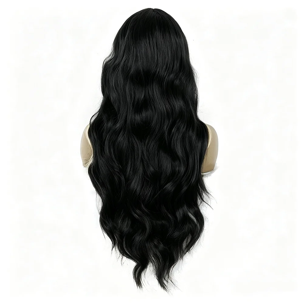 4*1 Lace Wig, Black and Light Green Skunk Stripe Long Wavy Synthetic Wig, Middle Part Costume Wig for Halloween Party