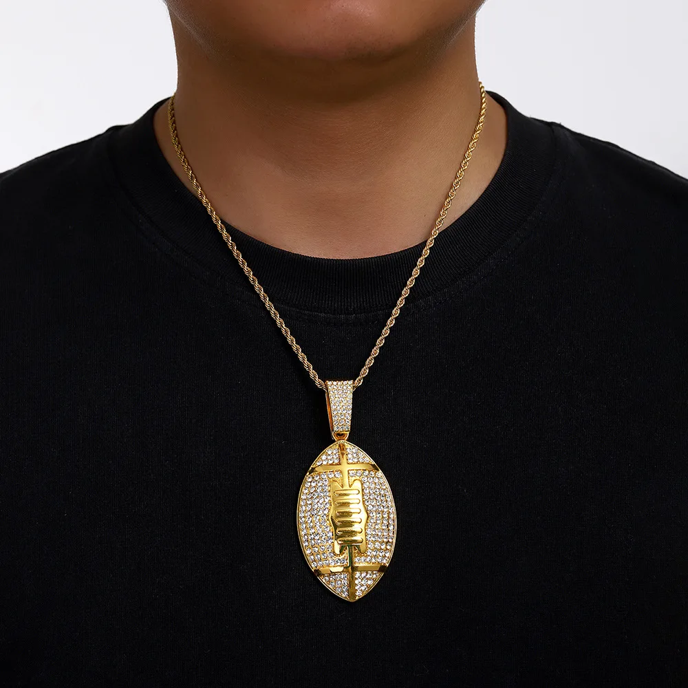 Full Rhinestone Alloy Rugby Funny Men Pendant Necklace Hip Hop Style American Football Metal Pendants Jewely Fashion Accessory