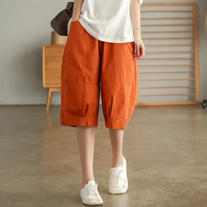 Shorts New Women‘s Summer Cotton Linen Waist Pocket Elastic Casual Pants Five Quarter Over The Knee Women's Clothing A849