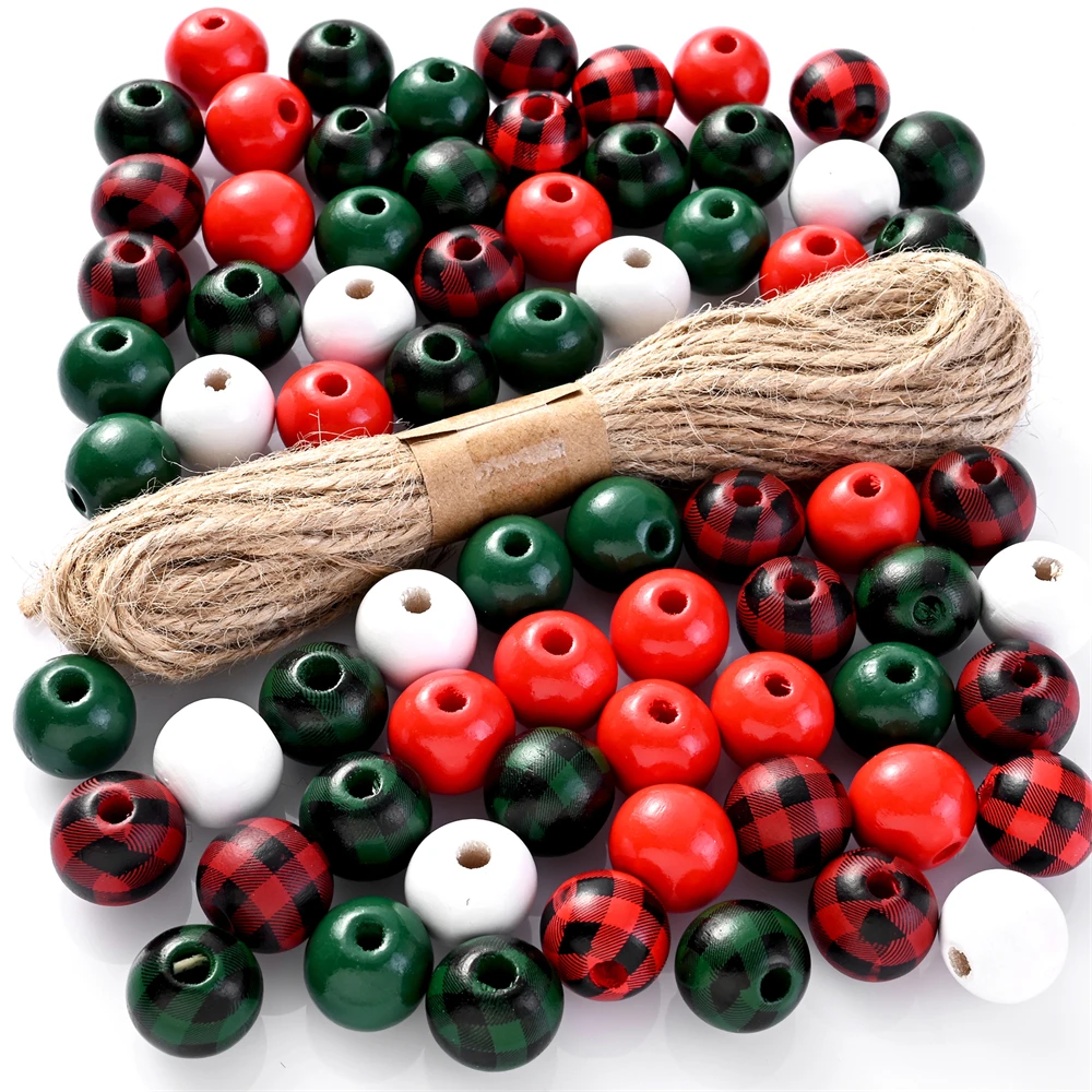 16mm 100Pcs Christmas Mixed Wooden Round Beads Set with Jute Rope for DIY Garland Xmas Home Decor Craft Jewelry Making Supplies