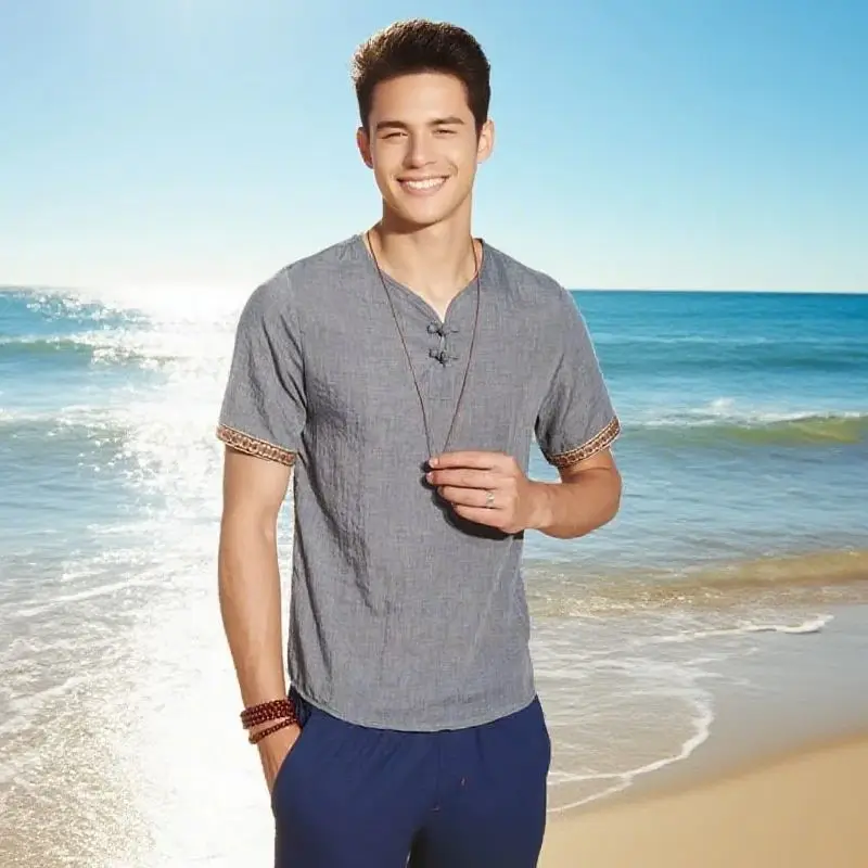 Plus Size M-5XL Summer Men's Short Sleeve Shirt Plain Color Korean Fashion Light Weight Hawaii Style Clothing