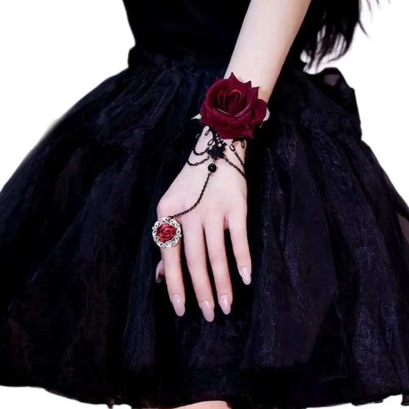 Fingerless Rose Flower Gloves Gothic Chain Wrist Guard Cuff Sleeves Halloween DressUp Wristband DropShipping