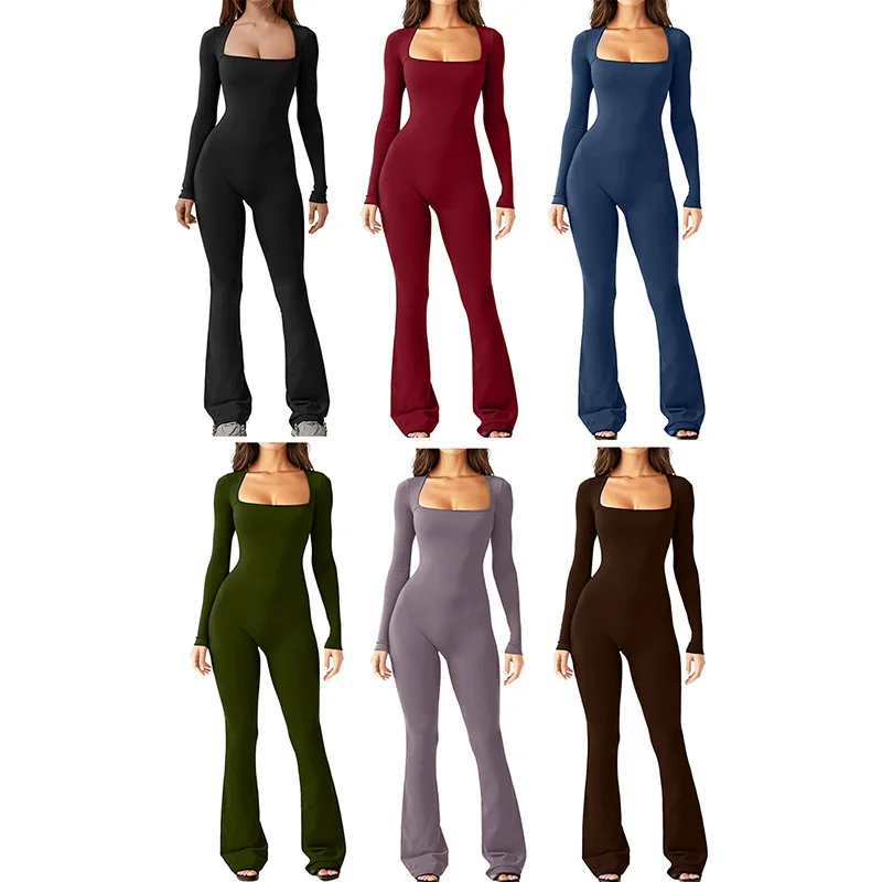 Women Fitness Yoga Suit Sexy Long Sleeve Sporty Belly Tie Waist Hip Lift Square Neck Rompers Wide Leg High Elastic Gym Jumpsuit