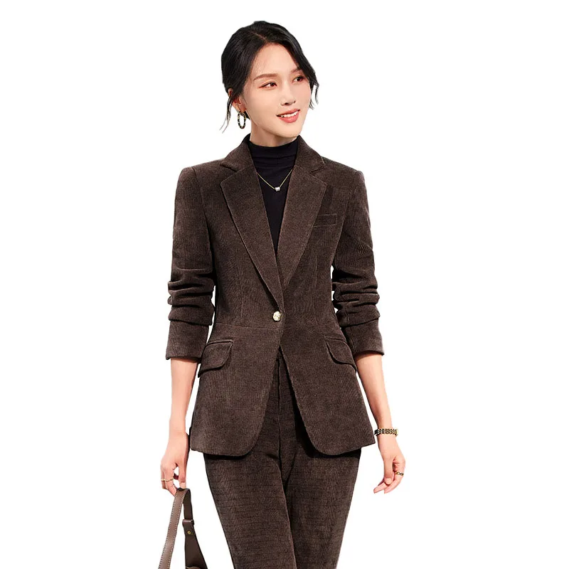 

2024 Autumn New Corduroy Elegant Pant Suit Ladies Formal Business Work Wear 2 Piece Set Green Wine Jacket Blazer And Trouser