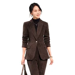 2024 Autumn New Corduroy Elegant Pant Suit Ladies Formal Business Work Wear 2 Piece Set Green Wine Jacket Blazer And Trouser