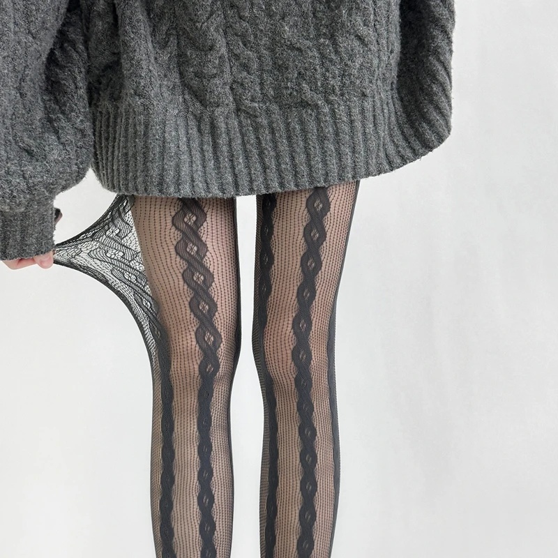 New Color Tights for Women Sexy Lace Mesh Fishnet Retro Pantyhose Thigh High Geometric Long Stocking Woman Personality Hosiery