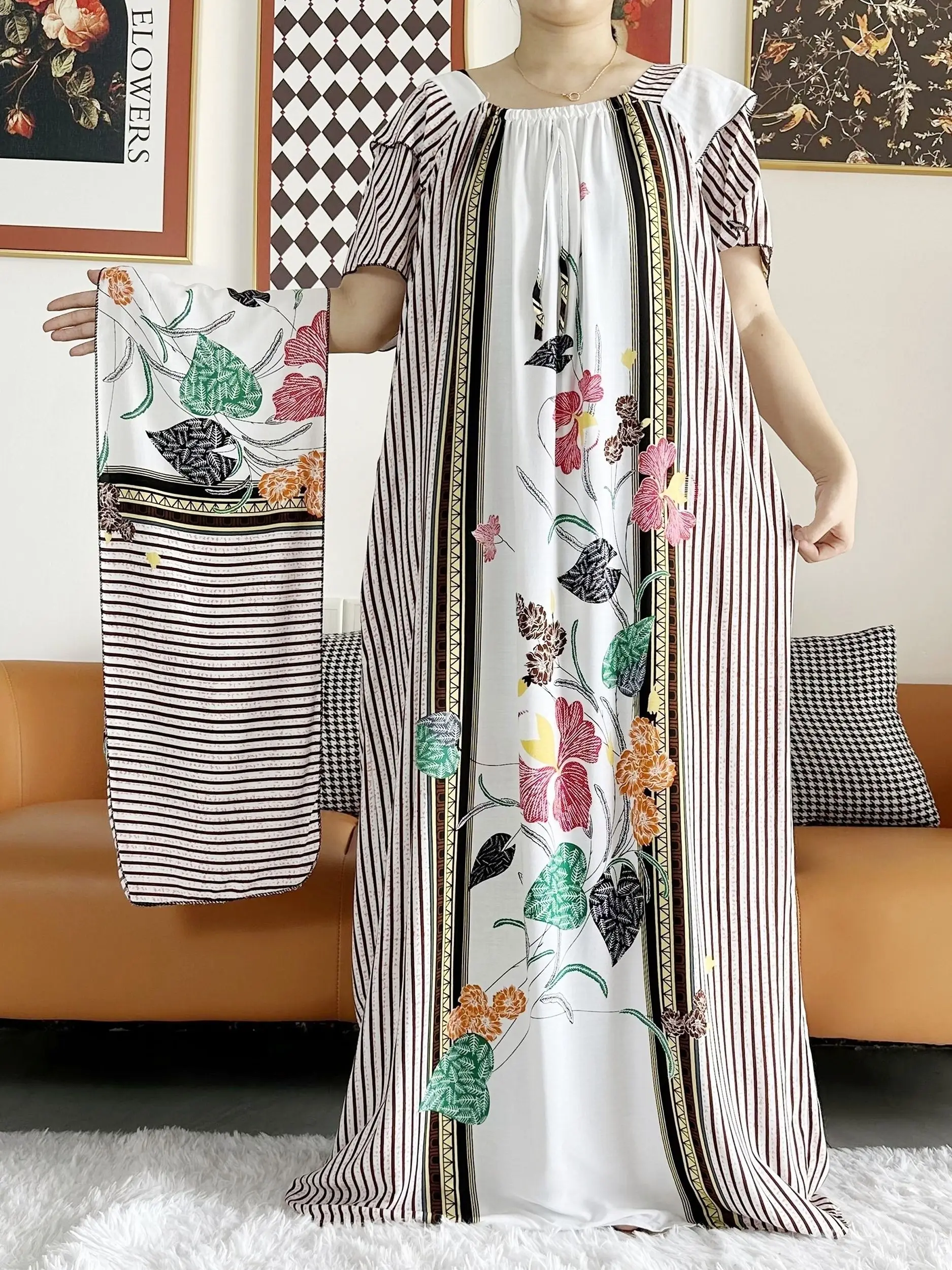 New 2023 Summer Abaya Short Sleeve Dress Dashion Boat-Neck Loose Floral Boubou Maxi Islam Women Dress African Abaya Clothes