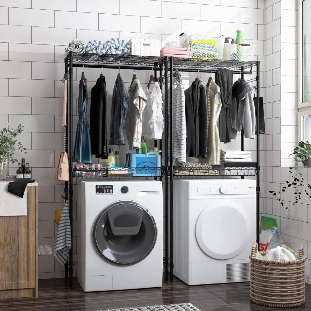 رف تجفيف الملابس بطبقتين قابل للتعديل مع رف تخزين وخطافات جانبية لتنظيم الغسيل