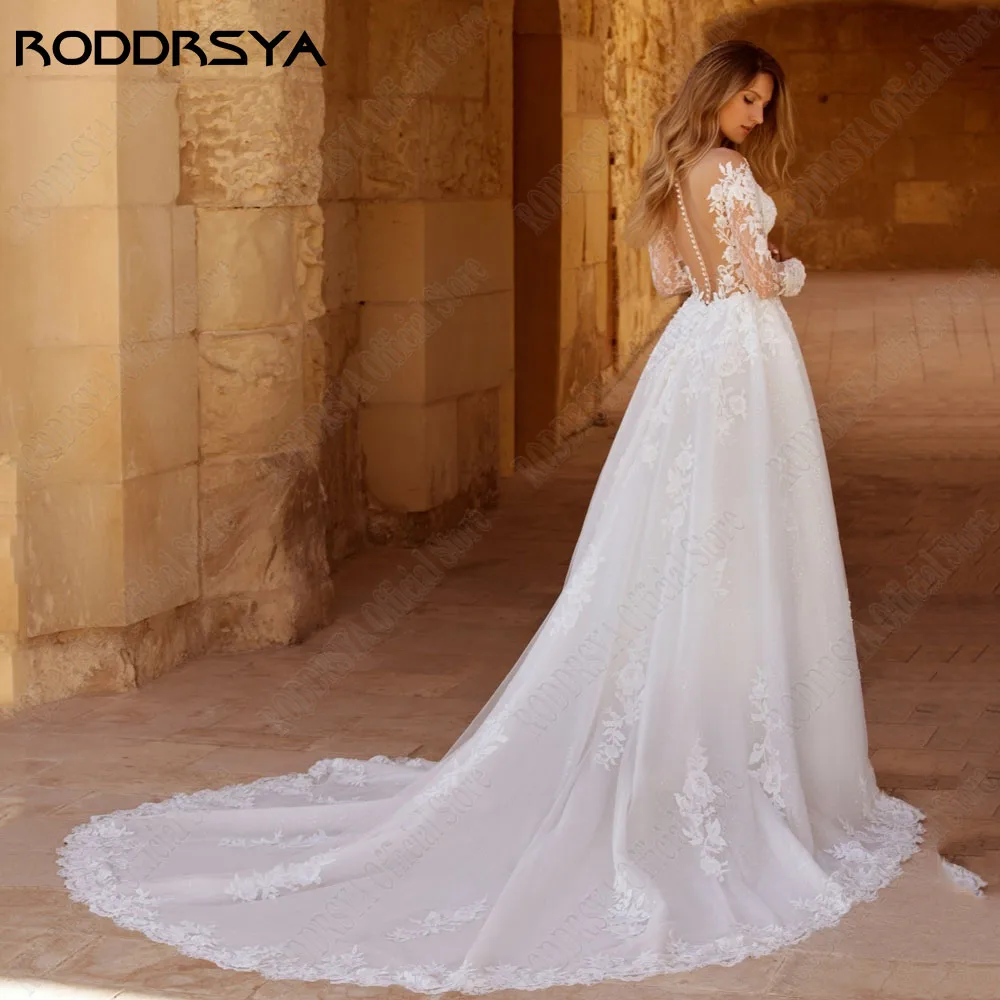 RODDRSY Princess Wedding Dress For Bride Long Sleeves Scoop Illusion Bride Gowns Romatic A-Line Applique Tulle vestido de noiva