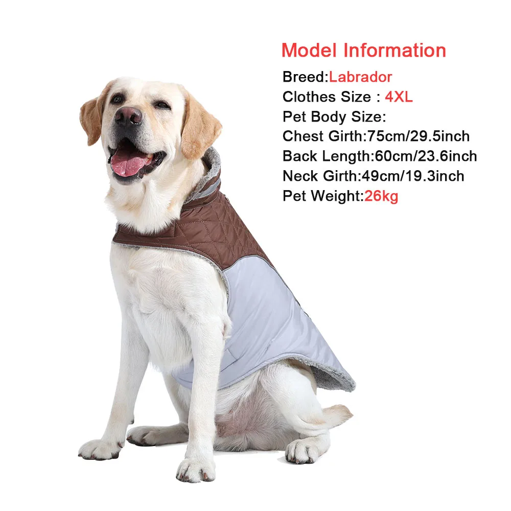 Winterwarme große Hundekleidung, reflektierende Haustierweste, dicke, mit Fleece gefütterte Jacke, Oberbekleidung für mittelgroße und große Hunde, Labrador, Mops. – Detail 1