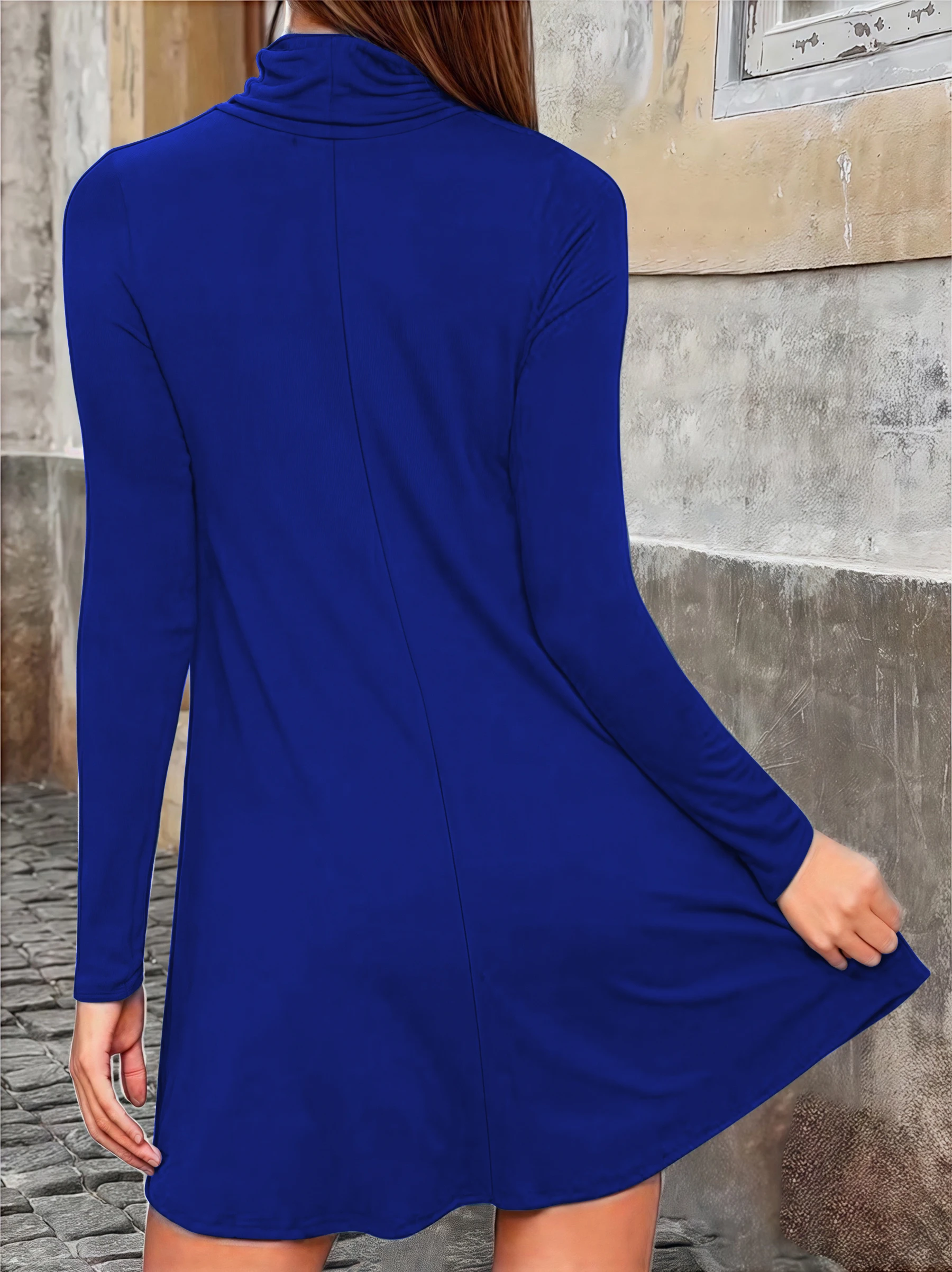 فستان أنيق بياقة مدورة بلون سادة للنساء، ملابس مكتبية بمقاس كبير، فستان متعدد الاستخدامات للخريف والشتاء بأكمام طويلة #3