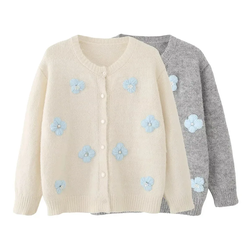 

Осень-зима 2022, новая куртка, верхняя одежда, женский милый вязаный кардиган в корейском стиле, расшитый бисером, 3D цветочный дизайн, уютный вязаный свитер
