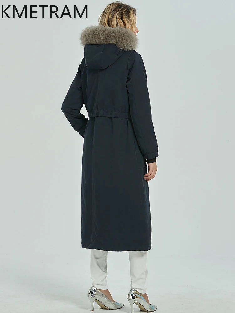 KMETRAM Natural Rex Rabbit Fur Lining Fur Coat Long Parkas Jacket Woman Fox Fur Collar 2025 Winter Hooded New Outerwears пальто