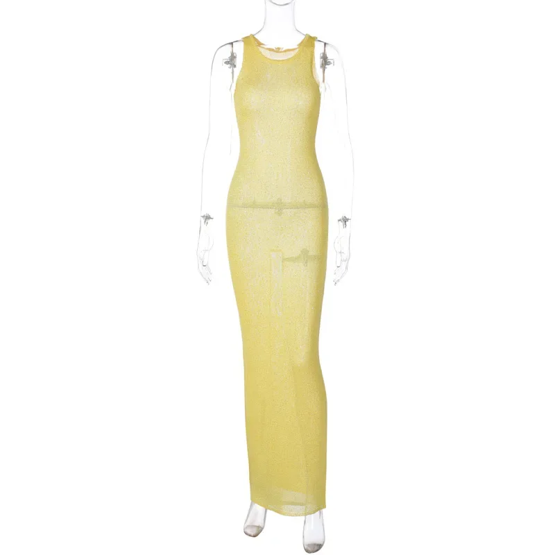 2025 ฤดูร้อน Holiday Beach ผู้หญิงเซ็กซี่ถัก Mxi ชุด O-คอ Glitter Bodycon วันหยุดยาว Robe บิกินี่ COVER UP