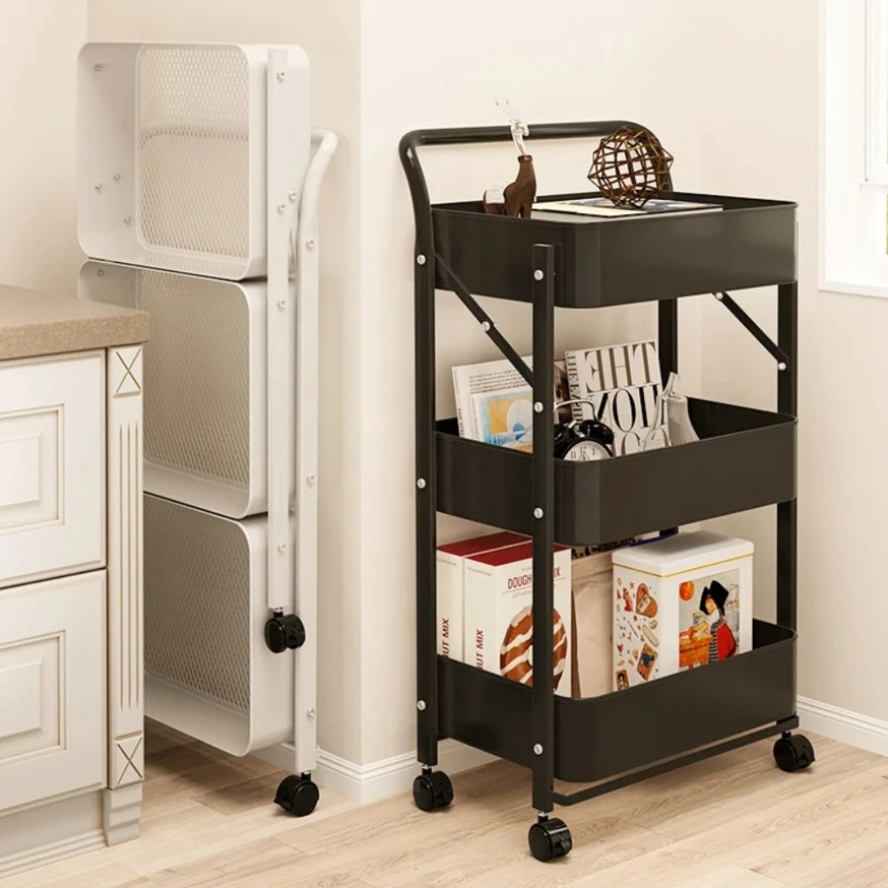 Folding Storage Rack Trolley Mobile Bedroom Slide Out Rolling Fold Cart Bookshelf Vegetable Basket Mobile Trolley Storage Rack