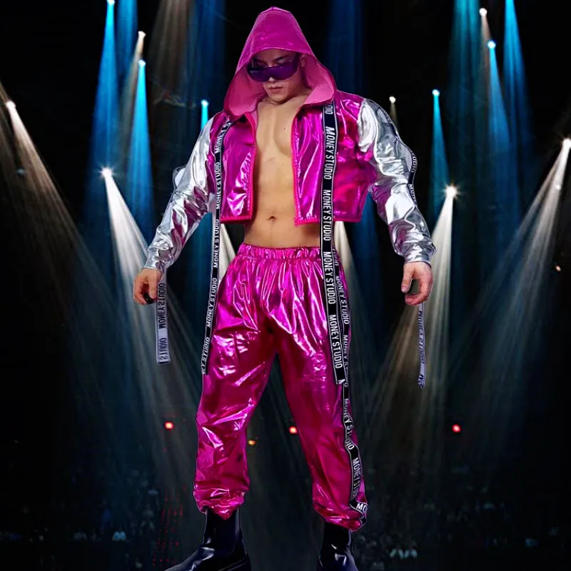 

Men's Hip Hop Jazz Dance Outfit Rose Bandage Hooded Jacket Pants 2-Pieces Set Nightclub Bar Party Rave Performance Costume