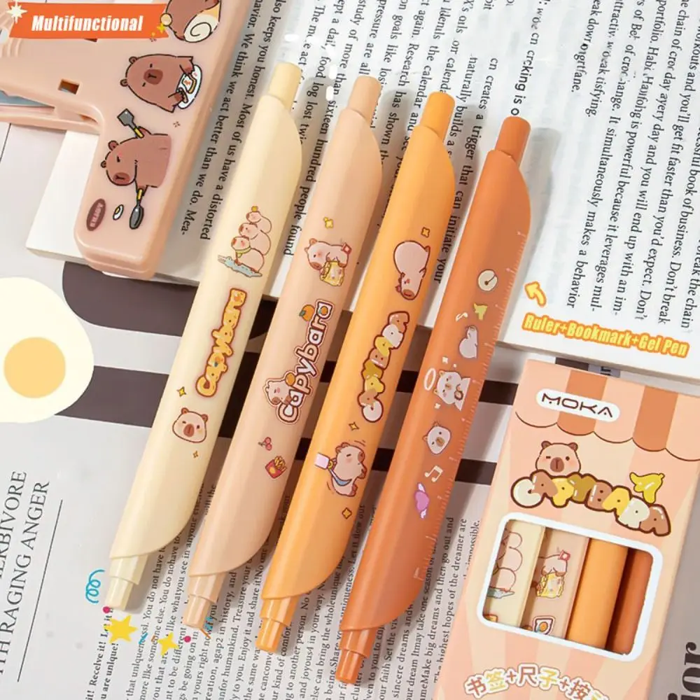 4PCS/Box Cartoon 0.5mm Black Ink Gel Pen Ruler Bookmark Quick Drying Neutral Pen Press Using Ballpoint Pen Students