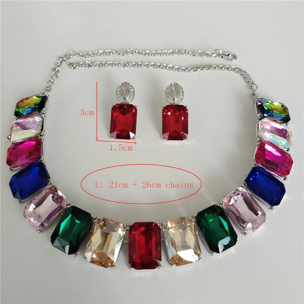 2026 New Fashion Gray Square Glass Crystal Choker Necklace Earrings Women Jewelry Sets Korean Statement Large Collar Necklace