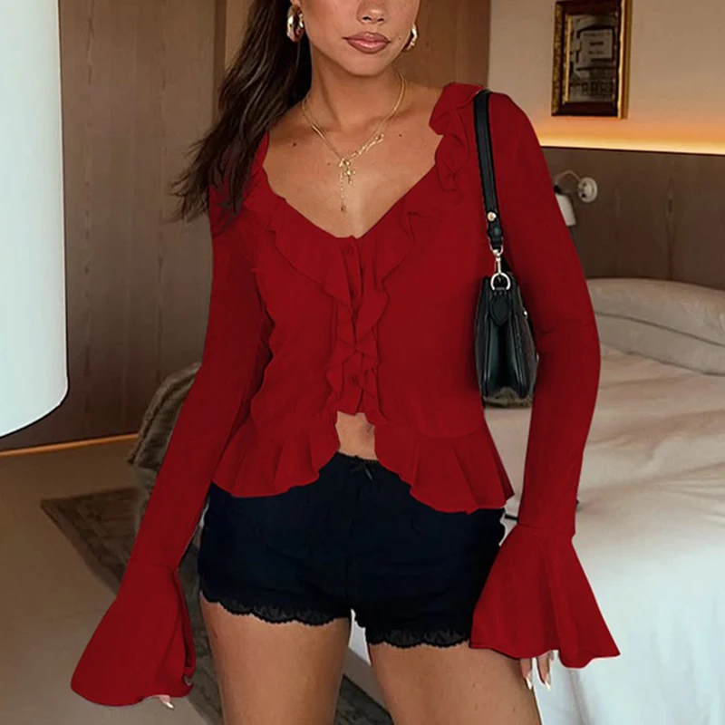 Talenza Ruffled V Neck T Shirt Women's Sexy Flared Long Sleeves Single Breasted Solid Top Female Fashion Holiday Party Top Women