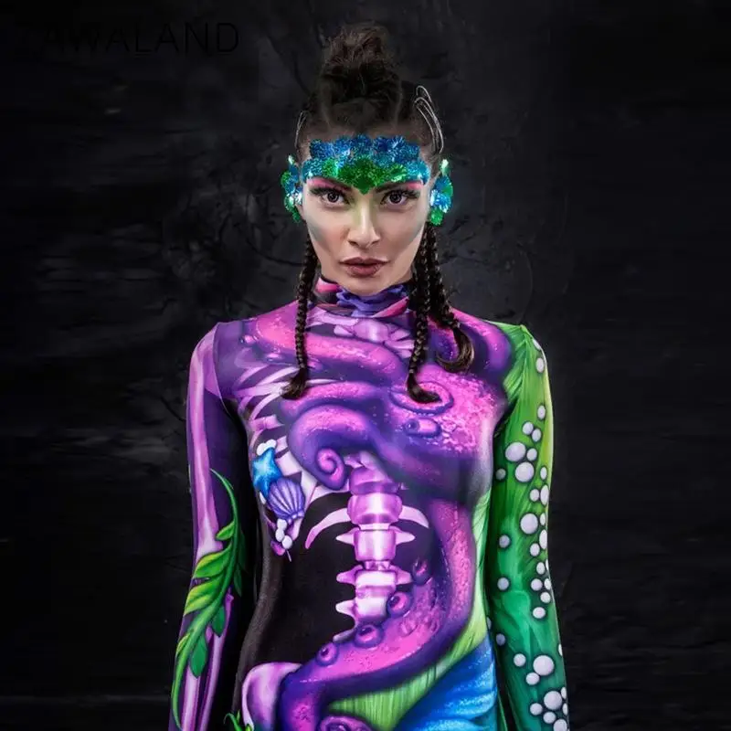 Zawaland Cosplay Kostüm Strumpfhosen Elastische Overall Zentai Frauen Body Fancy Kleid Halloween Party Kostüm Langarm Catsuit