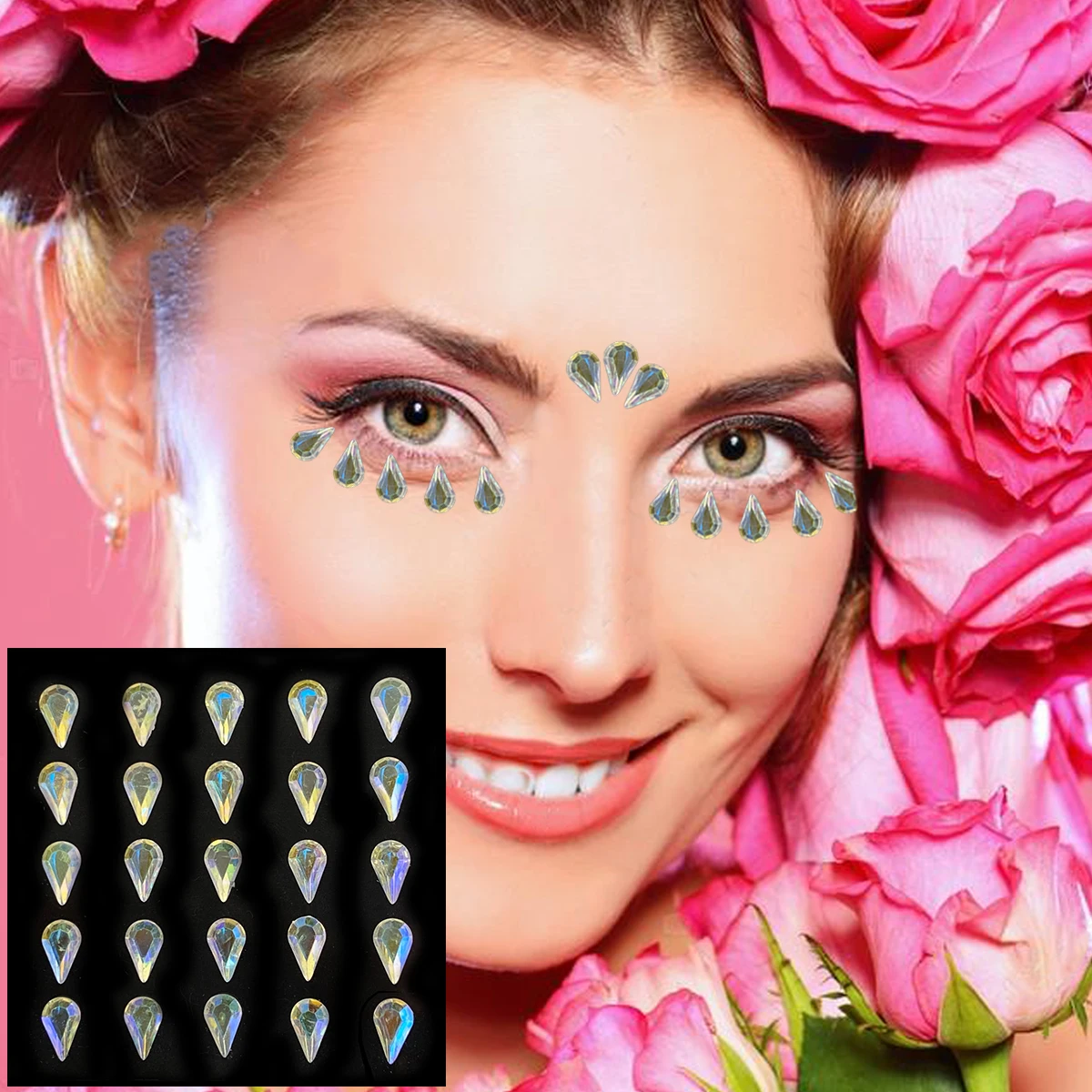 Women Face Tears Jewels Temporary Tattoo Eye Forehead Water Drop Gems Crystals Makeup Sticker Shiny Dots Jewelry Nail Art Party 