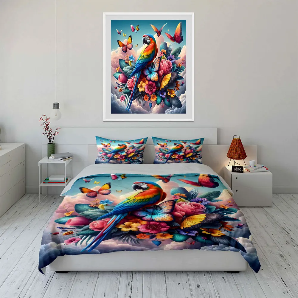 

"Colorful Parrot Butterfly Decor Set" Multiple sizes kid's and adults' bedroom Exquisite 3PC bedding set, gift