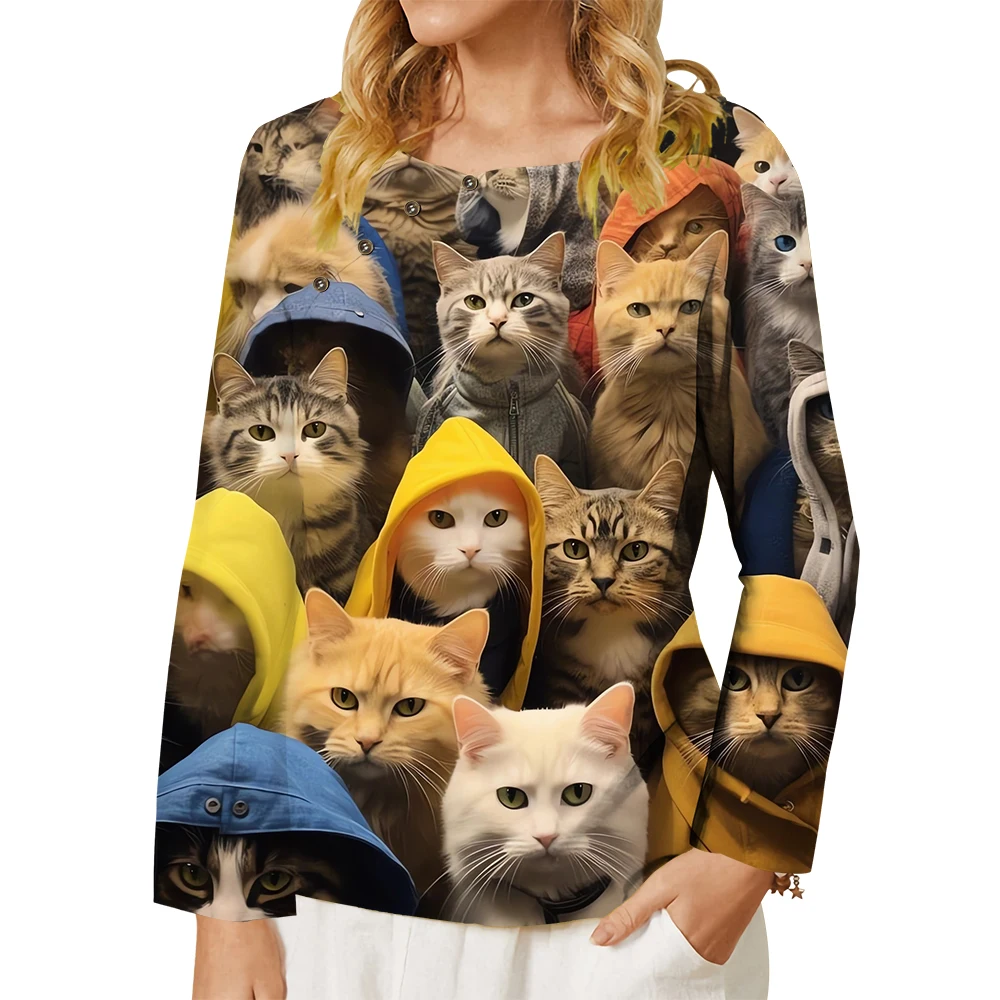 CLOOCL Women Animals Long Sleeve Shirts Funny Cute Kitten Cats Printed T-shirts Fashion Casual Tees Streetwear Dropshipping