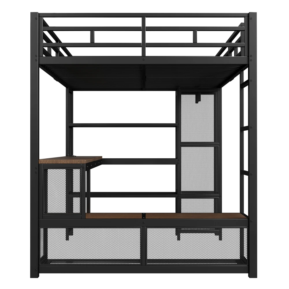 140 x 200 cm großes Hochbett aus Metall mit Stauraum und offenem Kleiderschrank, Kinderzimmerbett mit USB-Anschluss und LED-Beleuchtung, Schwarz/Weiß – Detail 13