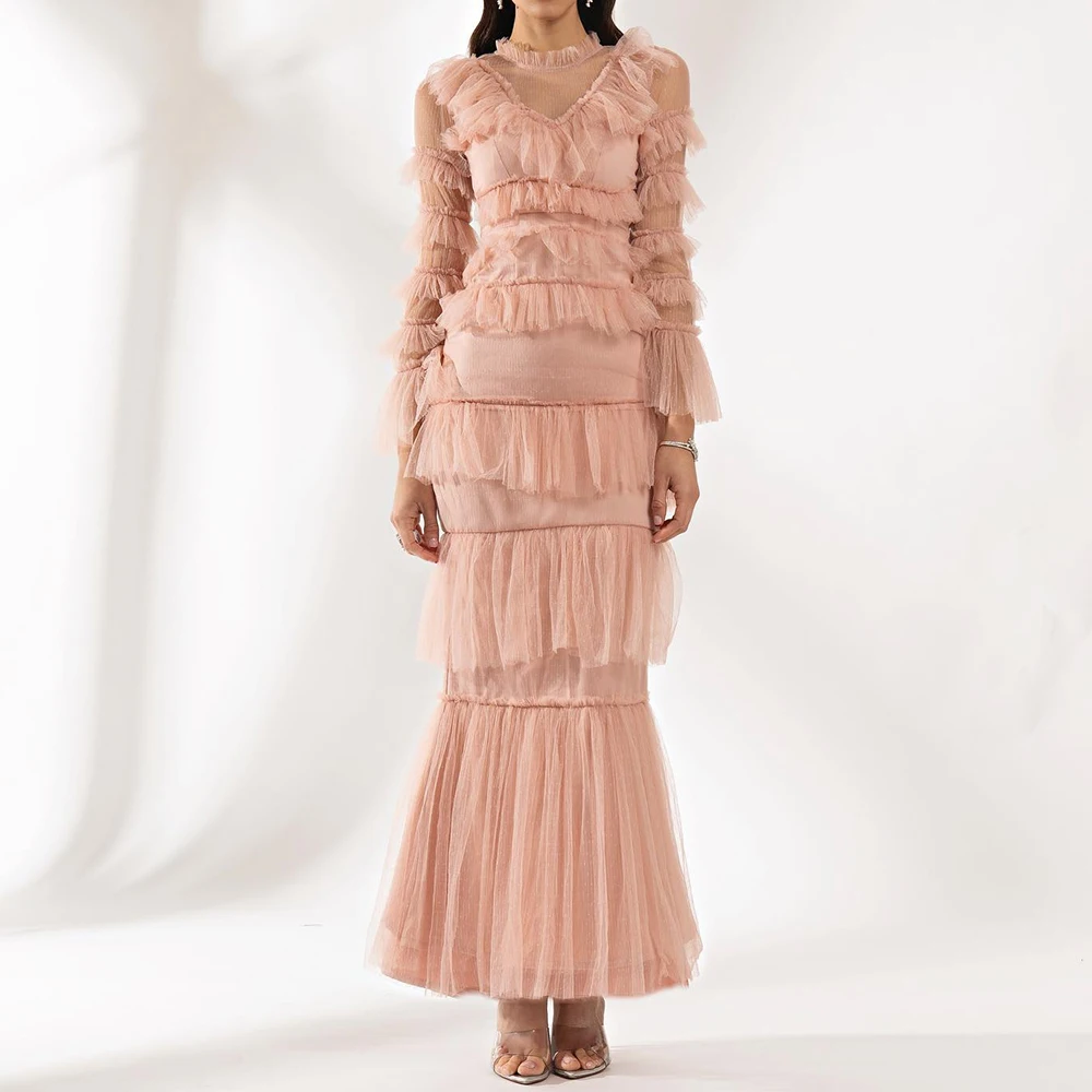 

Customized Fashion Off the Shoulder Tulle Evening Dresses Temperament Straight Ankle Length Crew neck 3/4 Sleeves Special Occasi