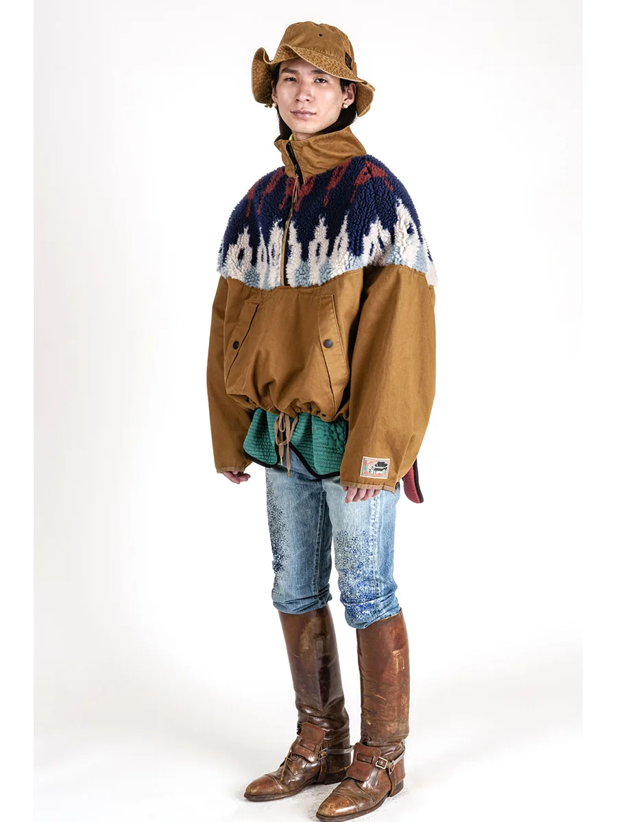 سترة كابيتال 20AW فضفاضة بسحاب نصفي، مطبوعة ومرقعة من الصوف المزدوج اللون، ملابس خارجية شبابية عصرية للشتاء بأكمام طويلة وقصة... #5