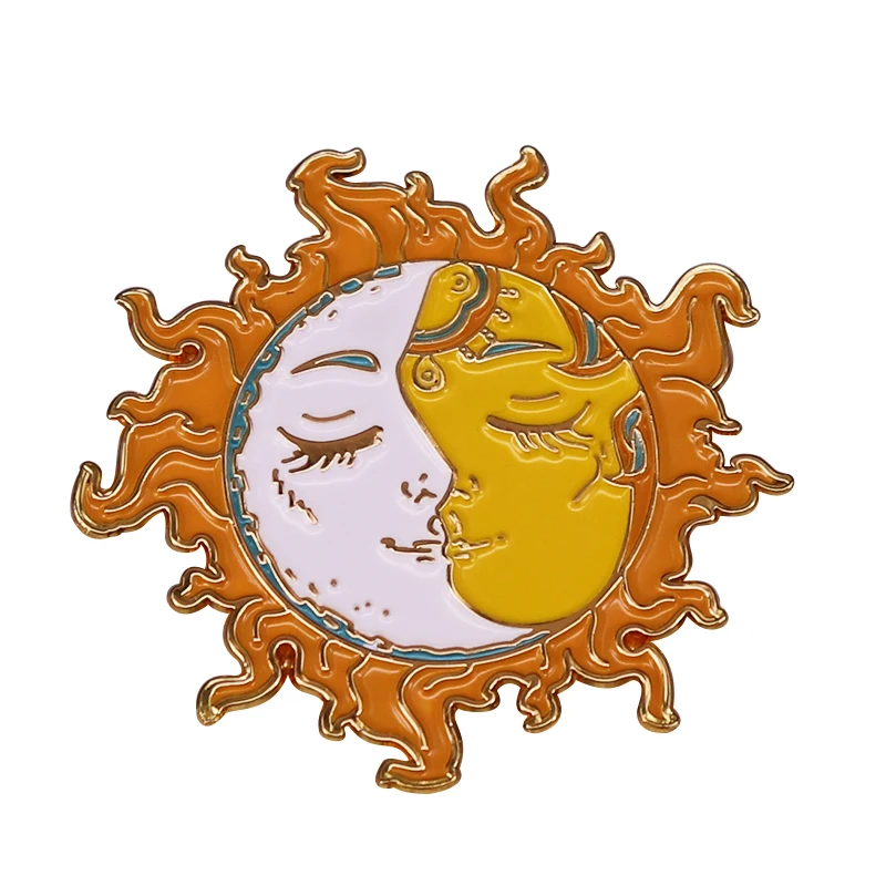 Union of Opposites Sun & Moon Kiss Face Badge Yin Yang Male Female Artistic Brooch Psychedelic Celestial Party Accessories