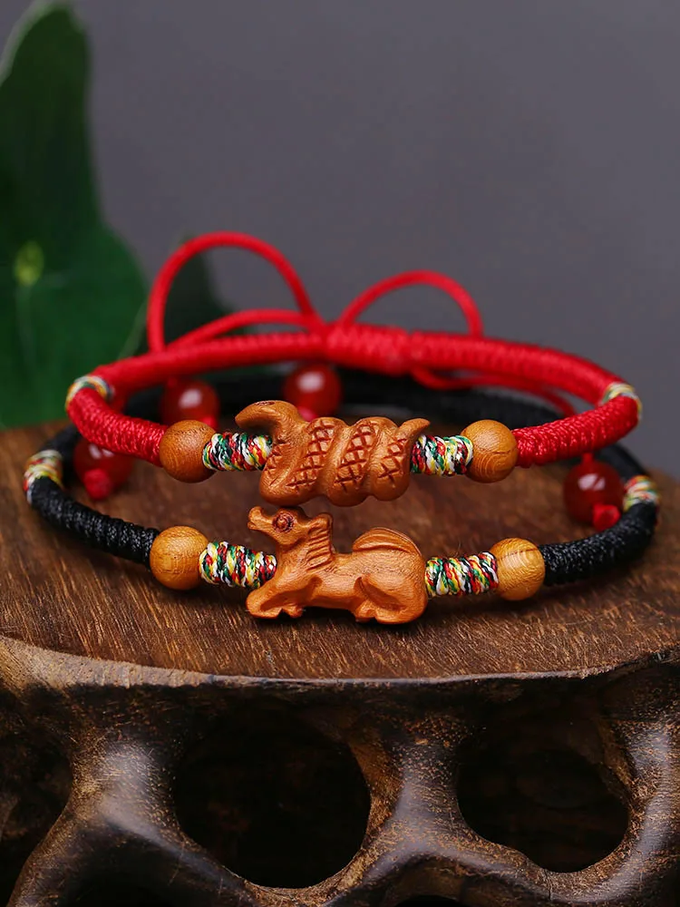 Twelve Zodiac Rabbit Colorful Amulet Dorje Knot Red Rope Bracelet Charm Peach Wood Lucky Beads Hand String Tai Sui Baby Jewelry