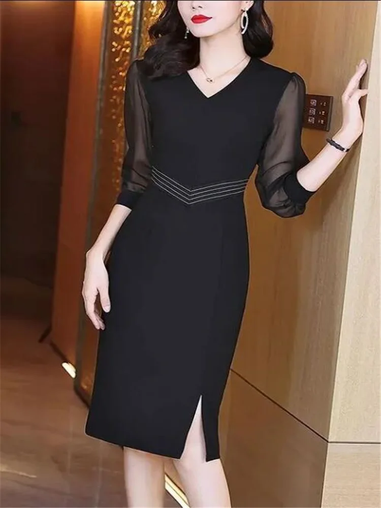 

Women Long Dress Fashion Mesh Spliced Dreses Split Tops Autumn Female Clothing Dress Three-quarter Sleeve Ladies Casual Dress