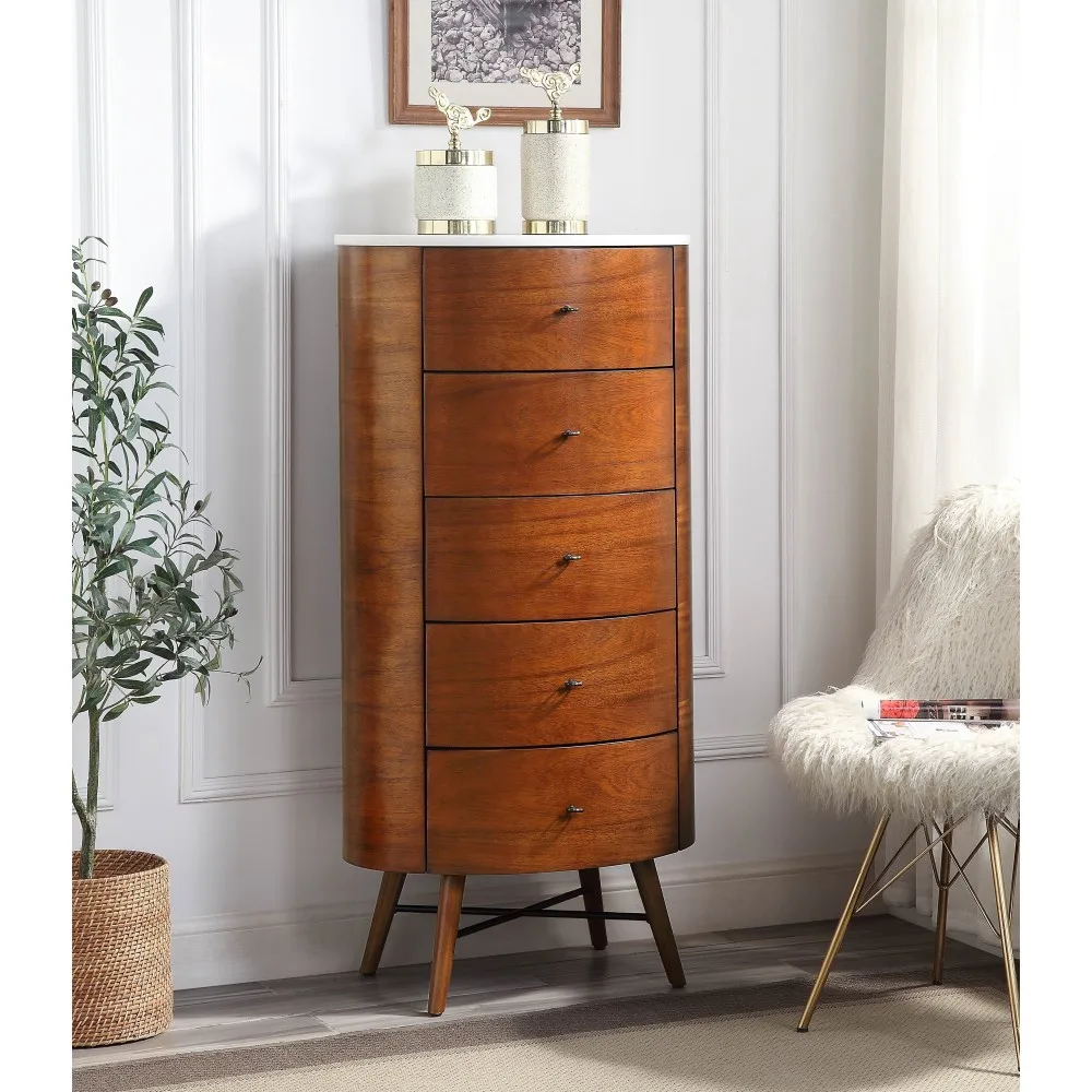 Walnut Finish 1pc Chest of Five Drawers Marble Top Ball Bearing Glides Bedroom Furniture Walnut Finish 1pc Chest