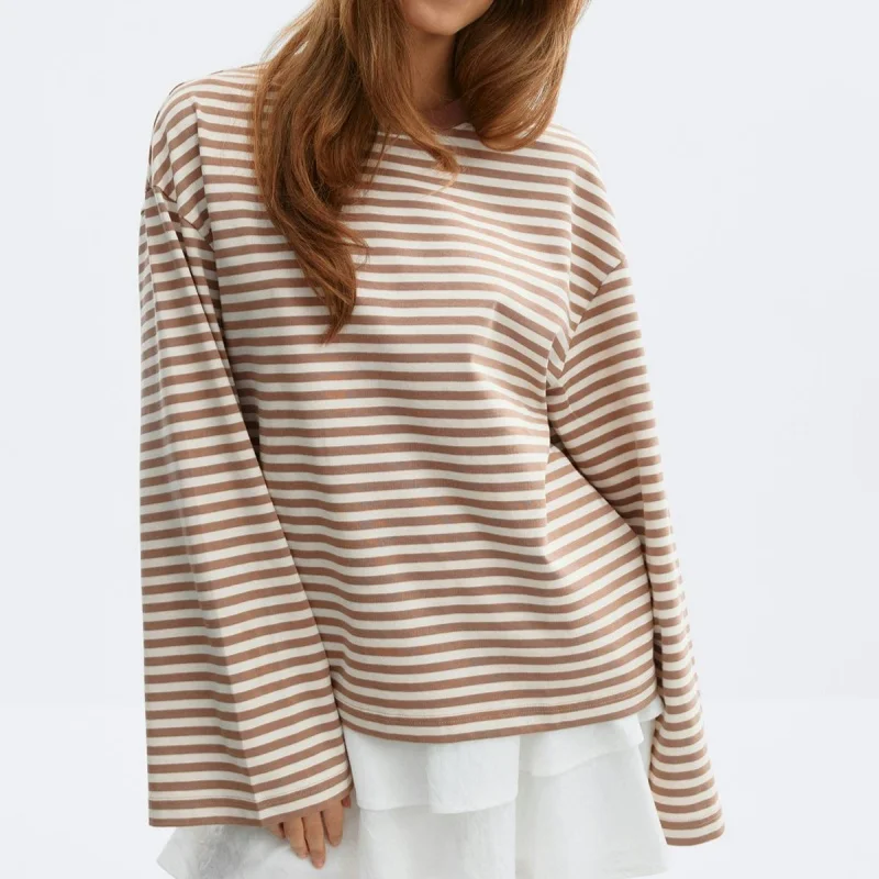 Womens Flare Long Sleeve Shirts Oversized Striped Pullover Tops Loose Fit Crewneck TeeY2K Streetwear Tops