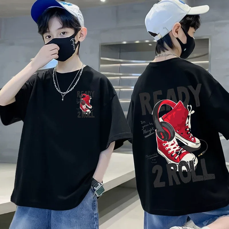 

Korean Trendy Shoes Music Print Graphic Children's T Shirts Boys Clothing Summer Cotton Short-sleeved T-shirt Tops Kids Clothes