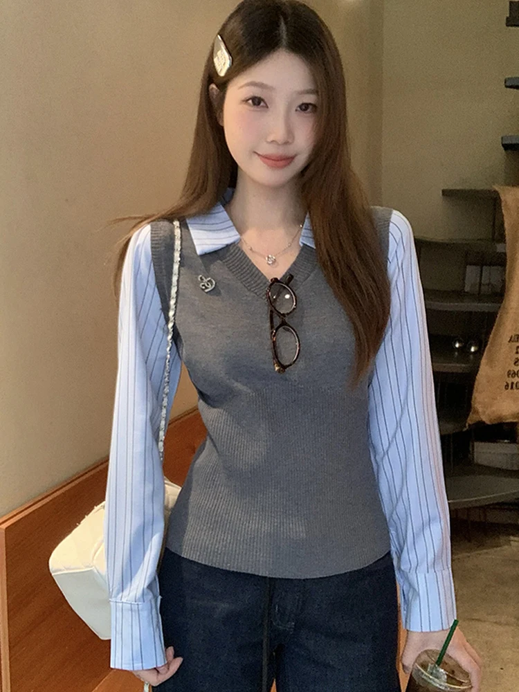 

Slim Fit Long Sve Трикотажный женский топ с воротником в стиле пэчворк, модный студенческий топ для осеннего сезона