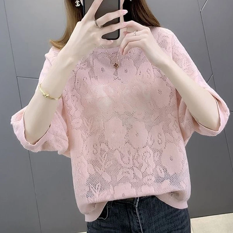 Women\'s Clothing Korean Fashion Sexy Hollow Solid Color Thin Knitwear Spring Summer Casual Round Neck Half Sleeve Pullover Tops